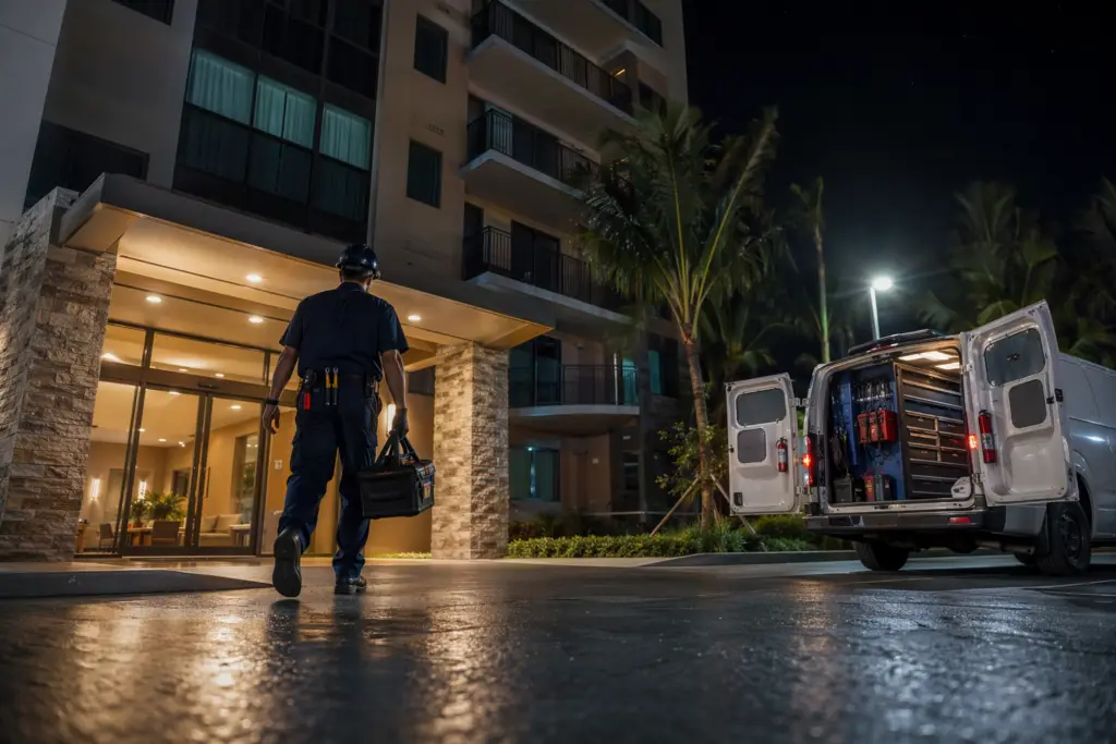 24 hour elevator repair technician arriving at Pompano Beach Florida condo building at night with service van, ready to respond to emergency elevator breakdown