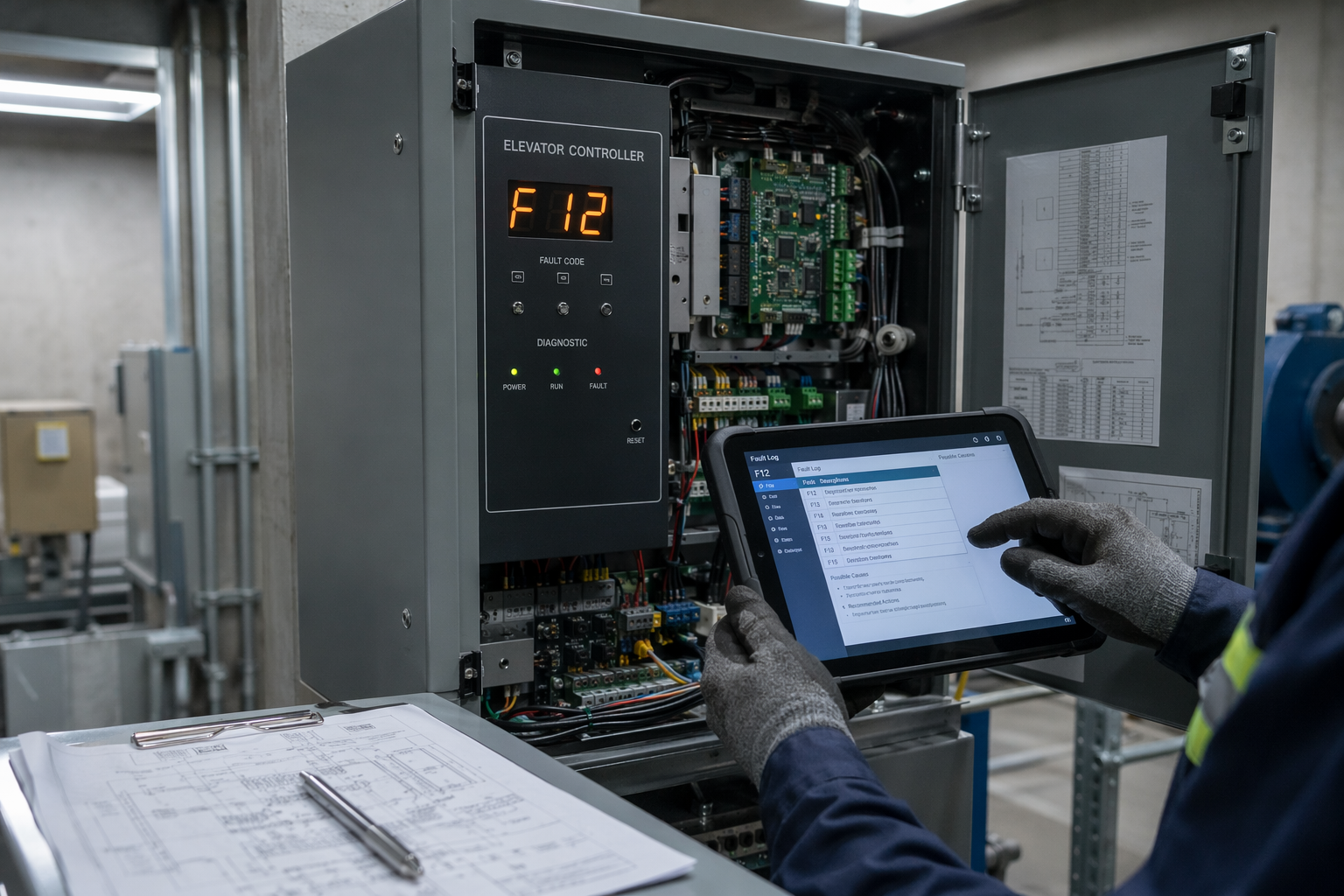 Elevator technician diagnosing a control board fault on a machine room controller during a Florida 24 hour elevator repair service call