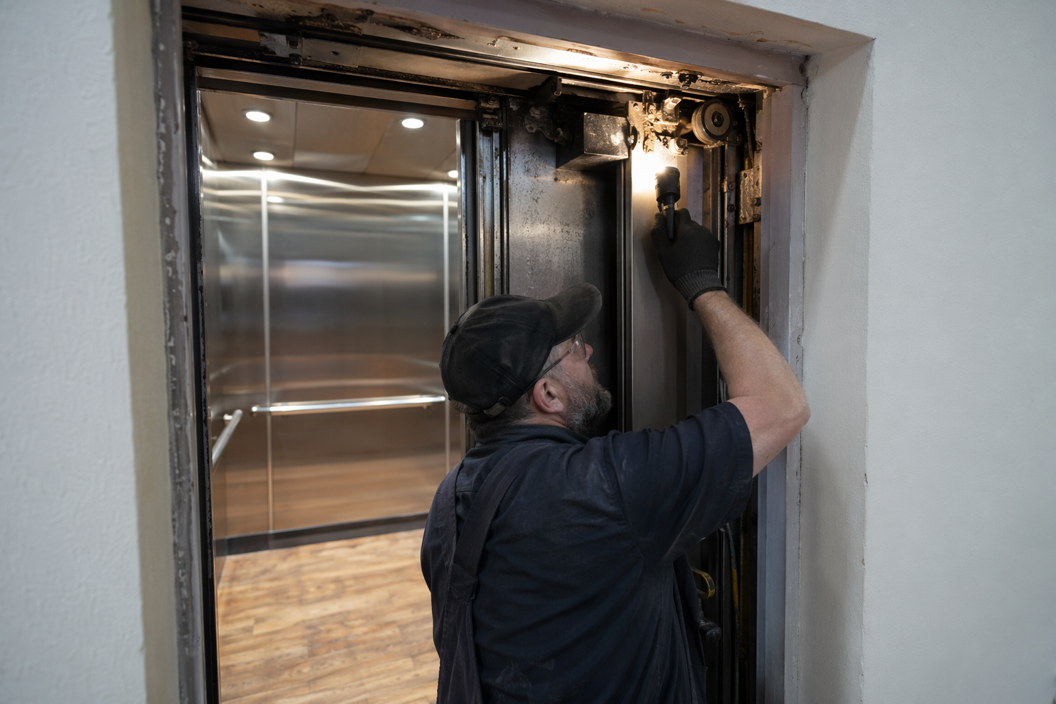 Elevator door operator and roller assembly being inspected during an emergency overnight elevator repair call in a Sarasota Florida office building