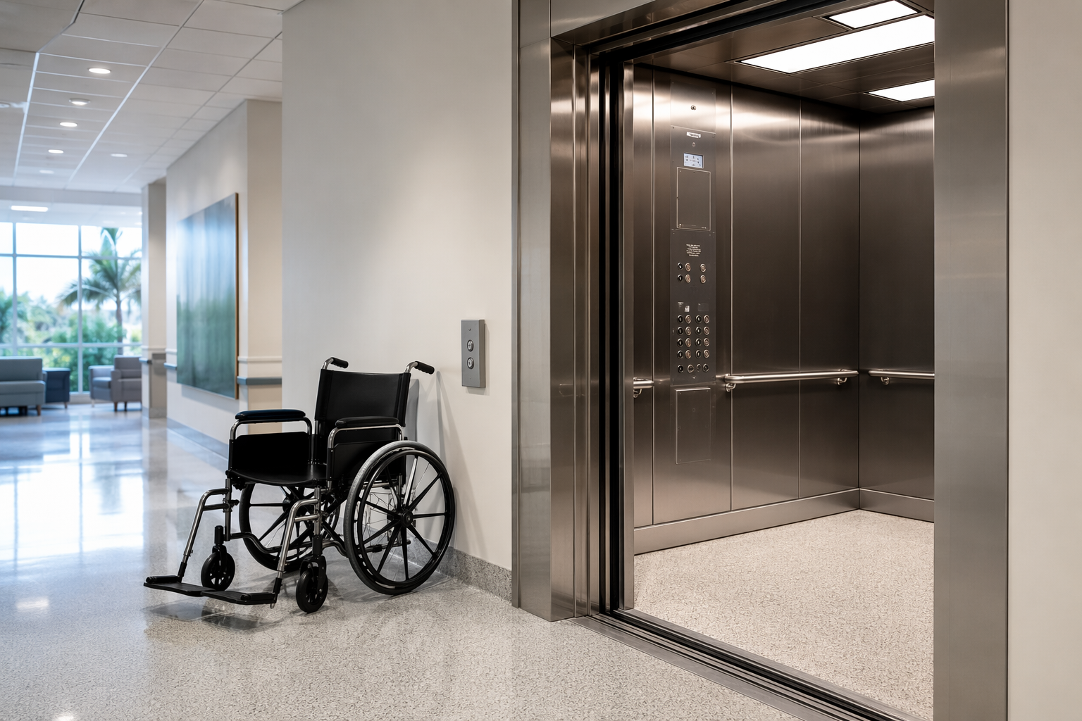 ADA-compliant hospital elevator with open stainless-steel doors, wheelchair beside call panel, and accessible cab interior with handrails in a Florida healthcare facility.