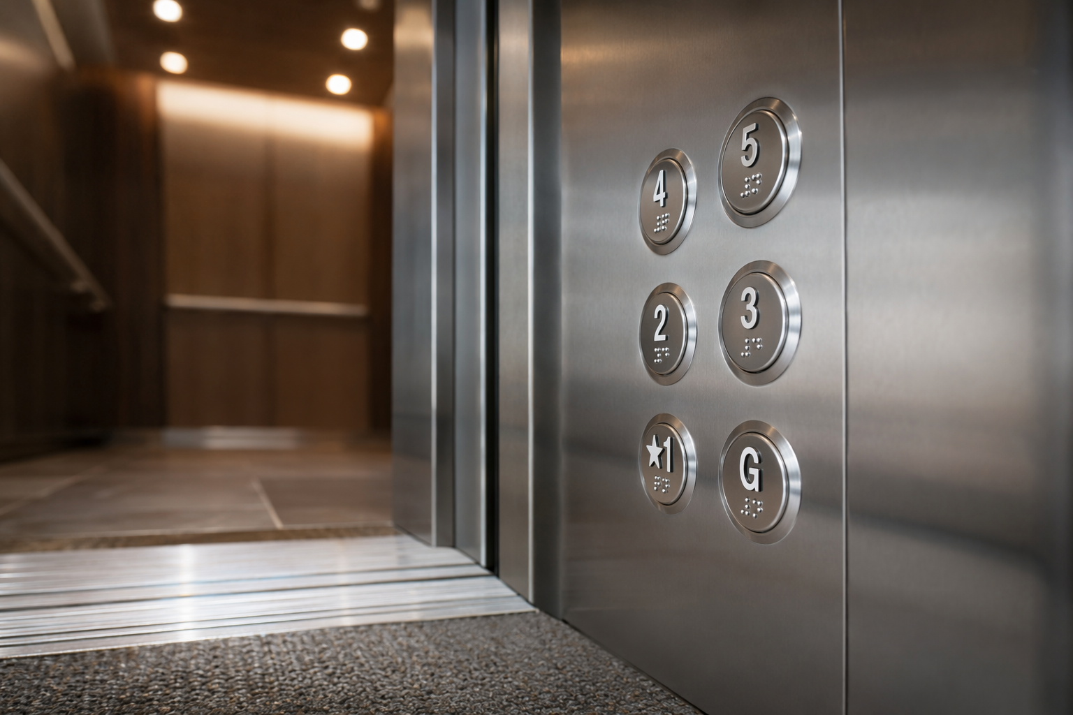 ADA elevator car operating panel with Braille buttons, raised characters, and near-flush threshold inside a Florida healthcare building elevator cab.