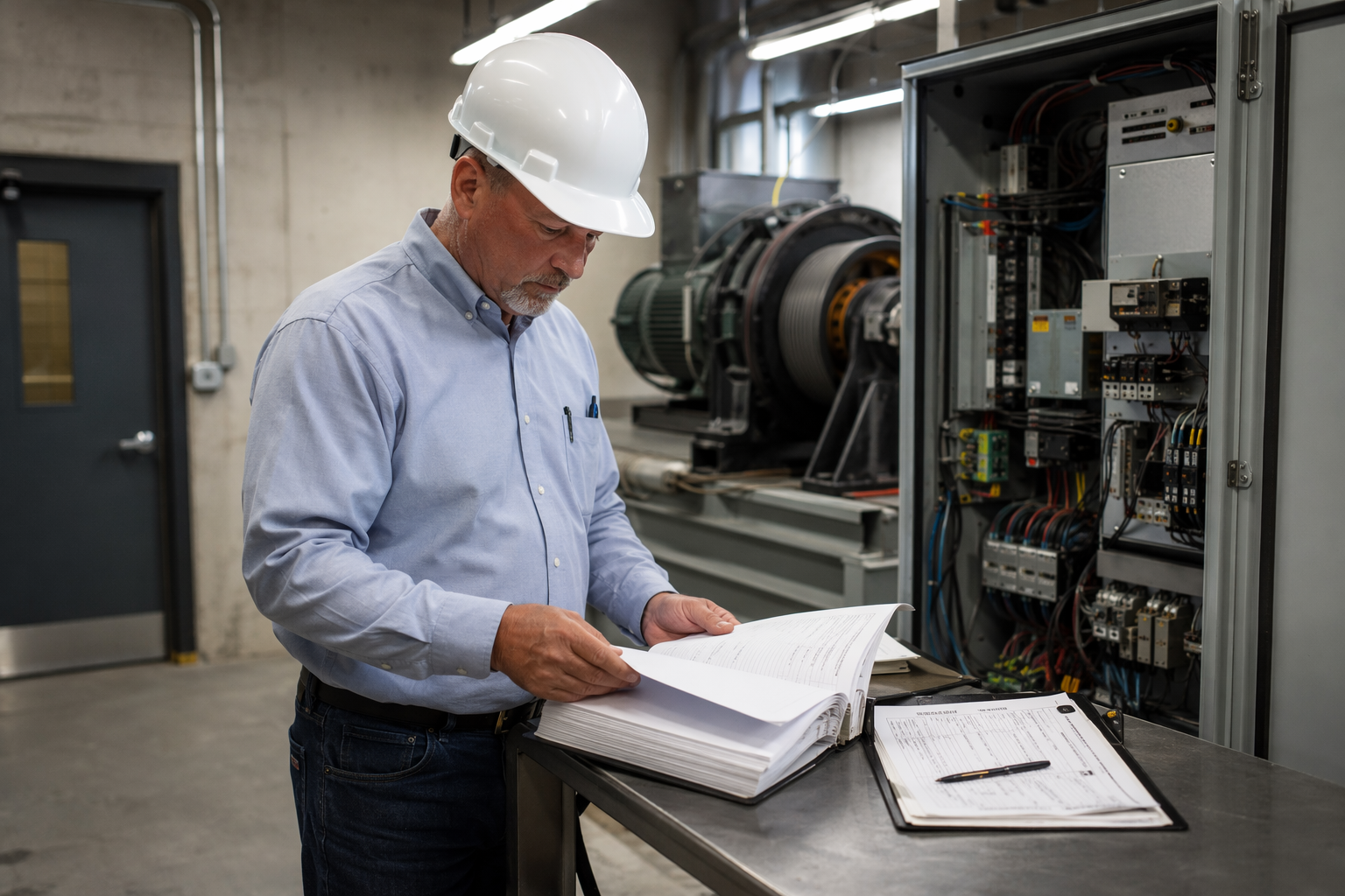Elevator Code Compliance Inspection in Florida Machine Room Elevator inspector reviewing ASME A17.1 compliance documents beside a traction controller in a Florida healthcare building machine room.