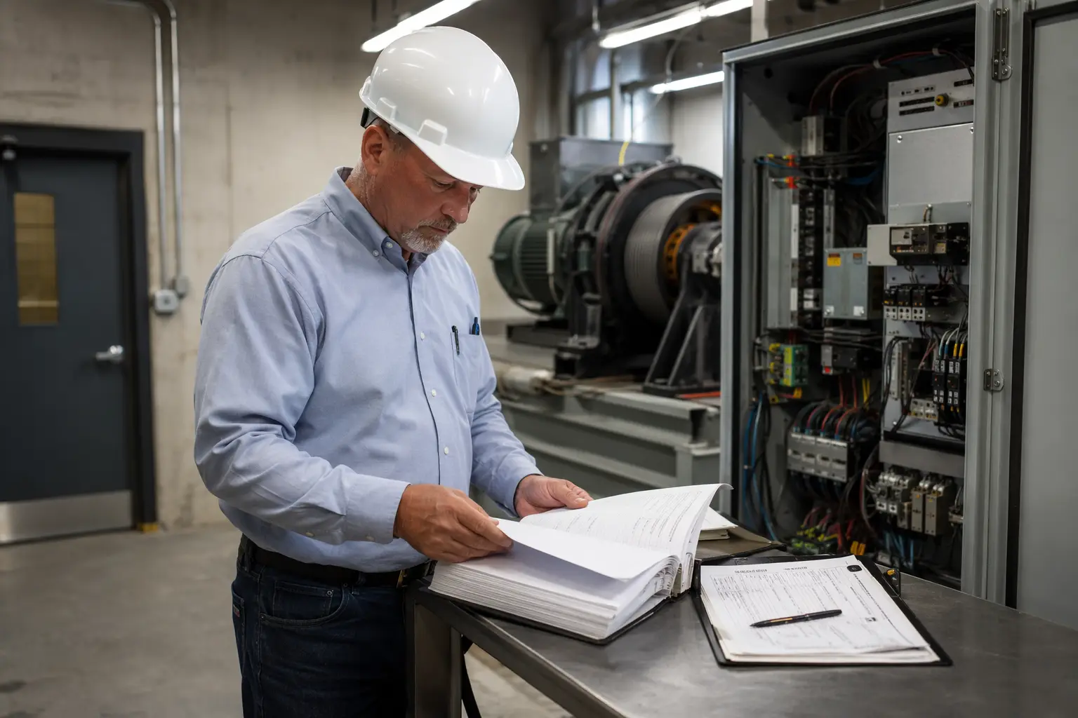 Elevator inspector reviewing ASME A17.1 compliance documents beside a traction controller in a Florida healthcare building machine room.