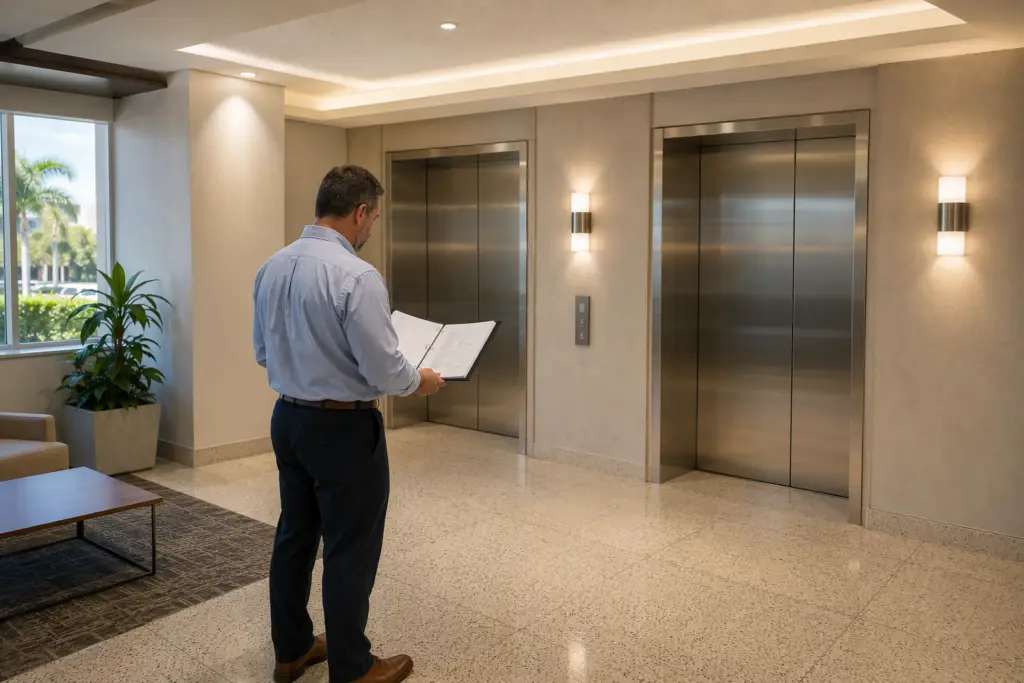 Facility manager reviewing ASME A17.1 elevator safety code compliance binder in a Pompano Beach Florida commercial office building elevator lobby