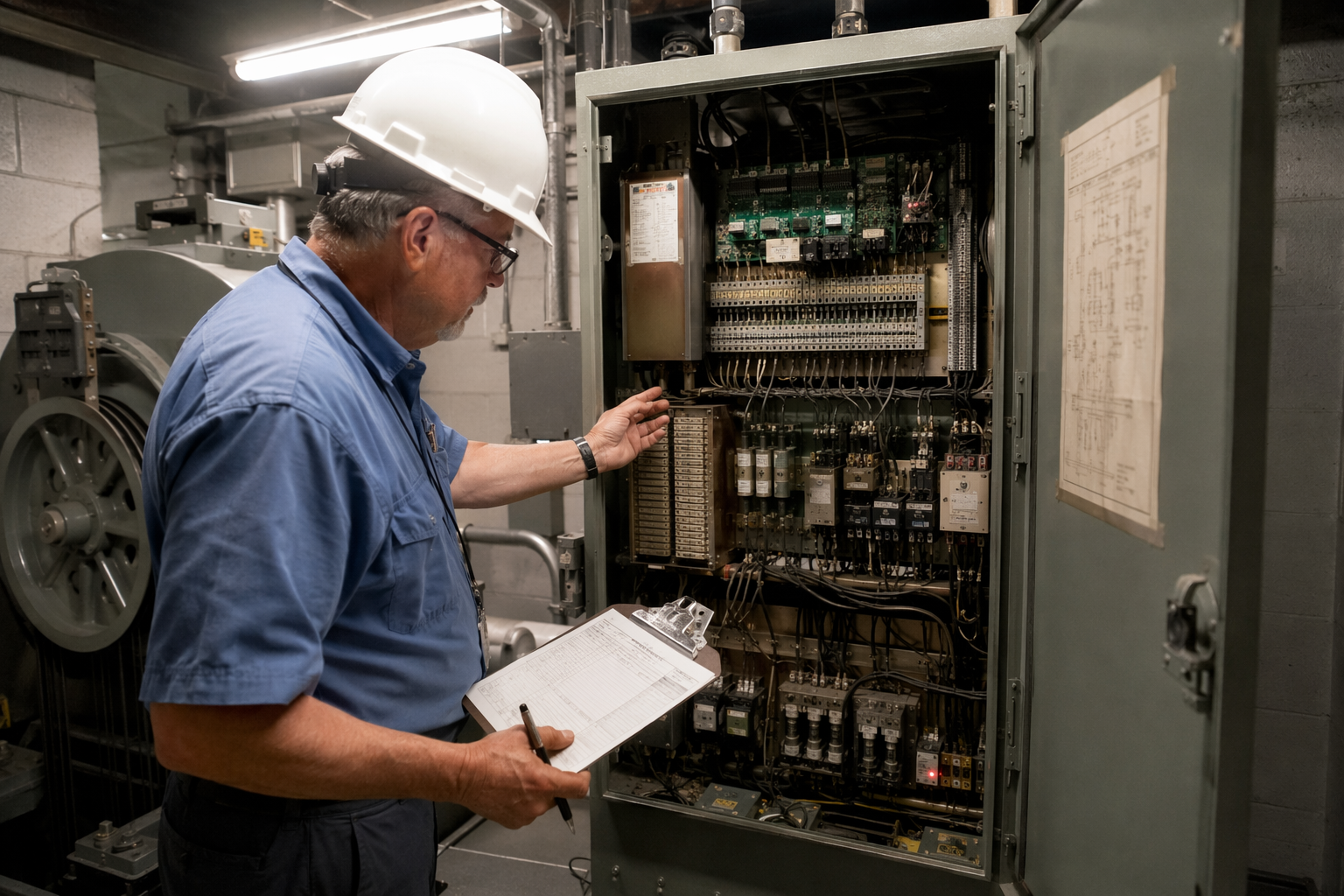 Licensed elevator inspector reviewing traction elevator controller in a Florida machine room during an ASME A17.1 code compliance inspection