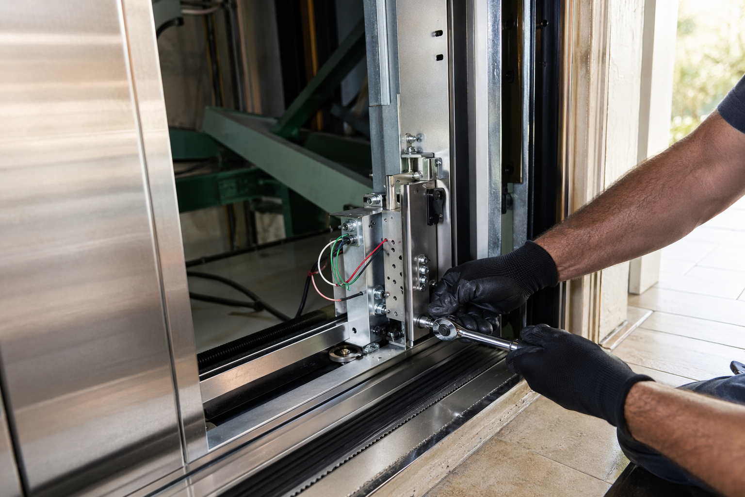 Elevator technician installing a new door operator assembly during a cab modernization project in Sarasota Florida, meeting ASME A17.1 alteration requirements
