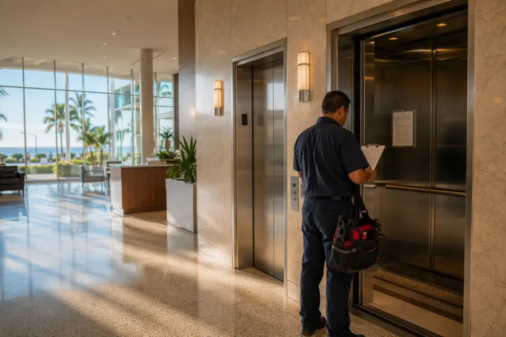 Elevator maintenance technician inspecting a commercial elevator bank in a Pompano Beach FL mid-rise lobby, the best elevator maintenance company in Pompano Beach
