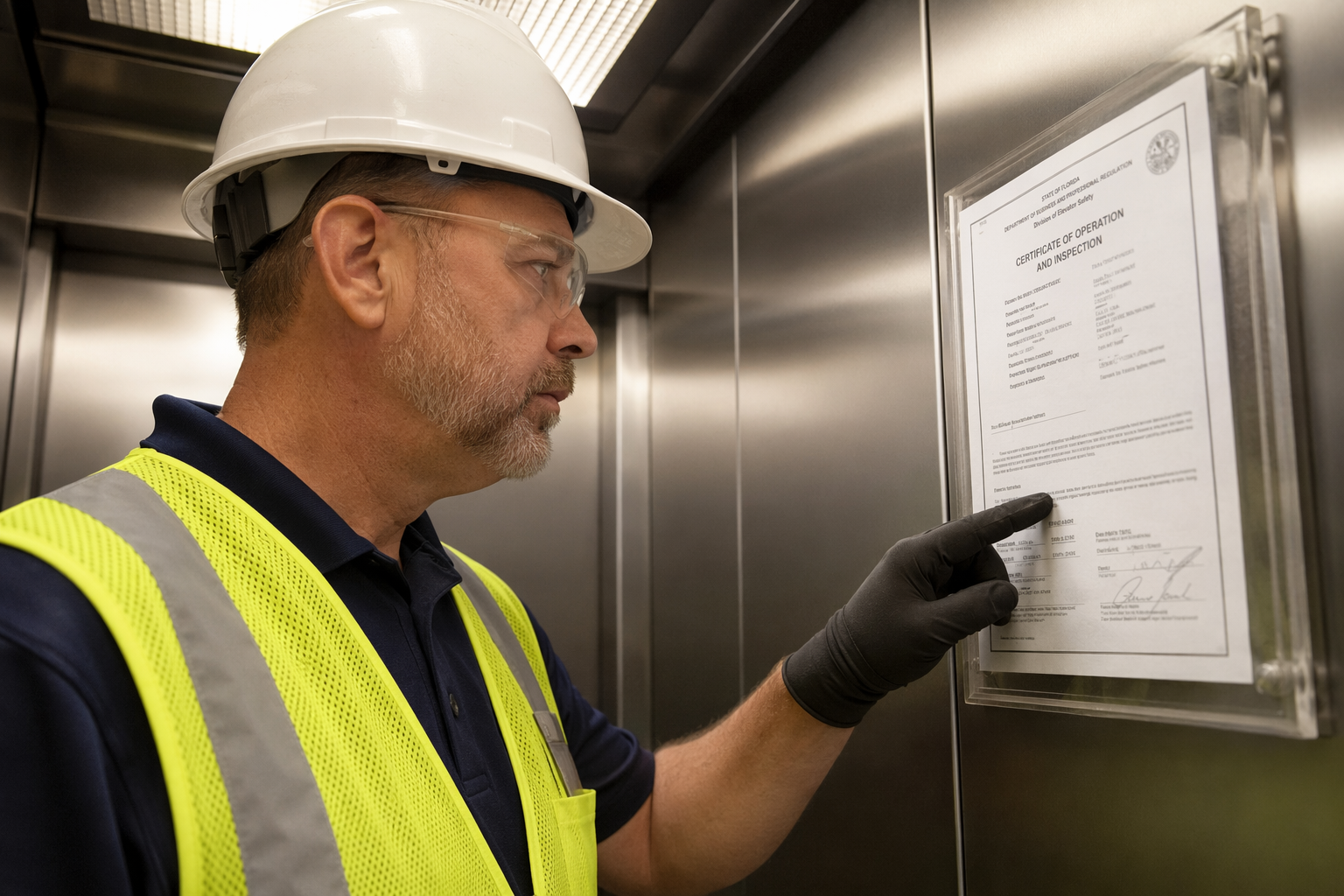 Licensed elevator inspector reviewing Florida DBPR certificate of operation inside a commercial elevator cab for code-compliant inspection in Pompano Beach FL
