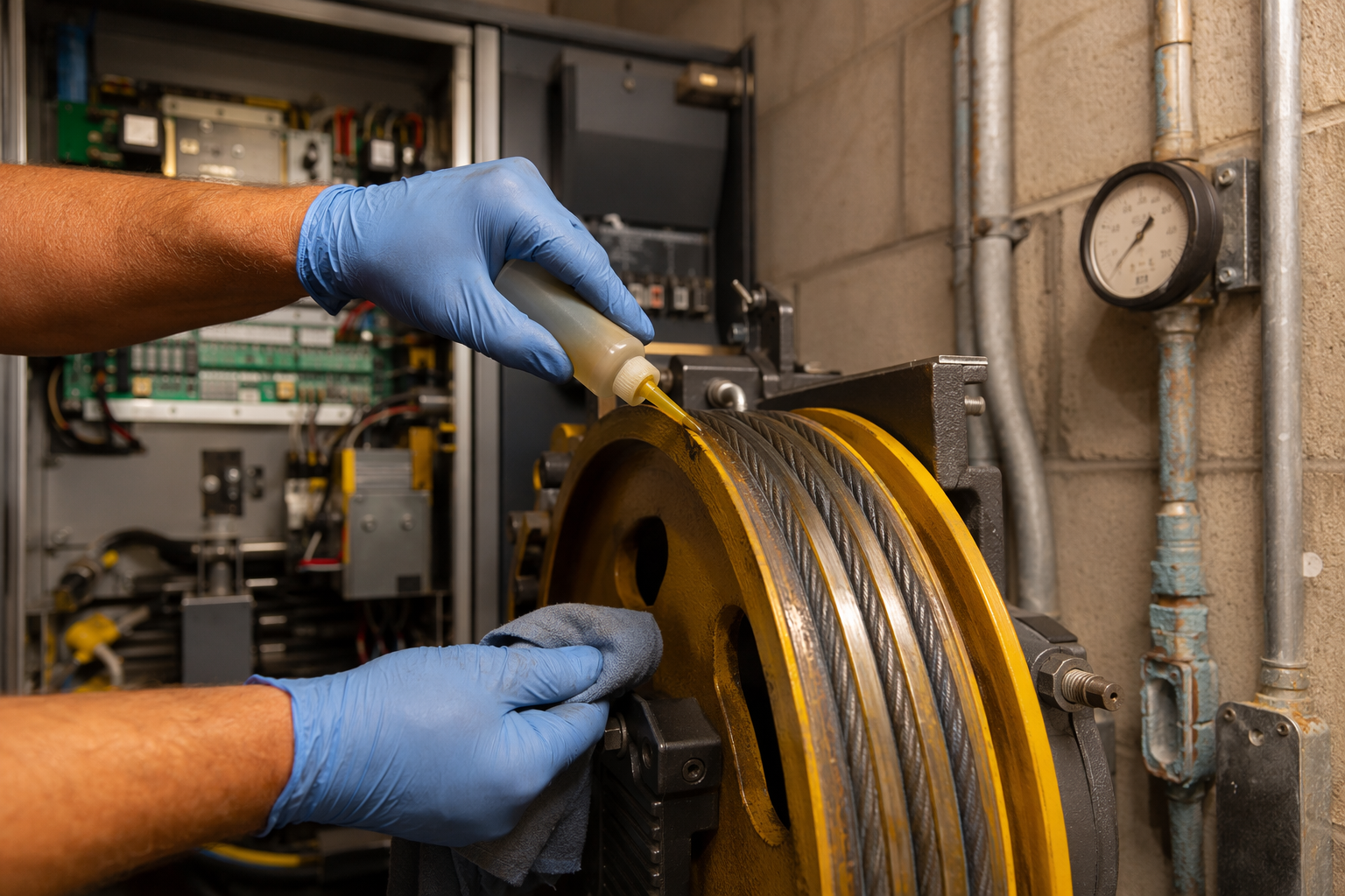 Elevator maintenance technician applying corrosion-resistant lubrication to traction elevator hoist cables in a Pompano Beach FL machine room during a monthly preventive maintenance visit