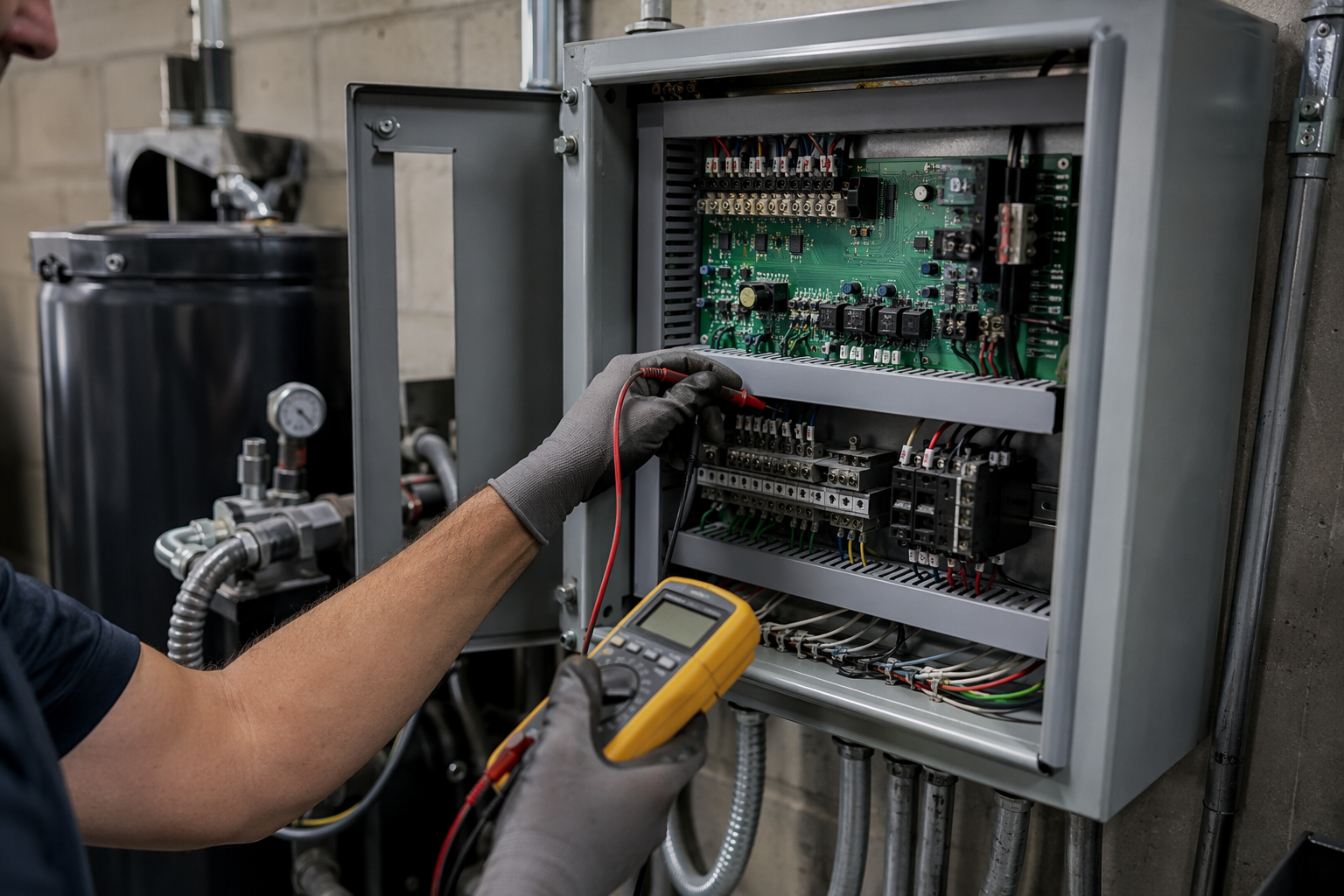 Elevator technician testing hydraulic controller in a Sarasota Florida machine room during a preventive maintenance visit
