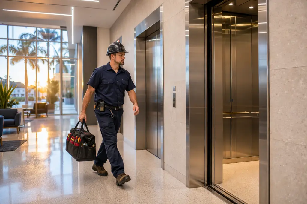 Certified elevator technician responding immediately to an elevator breakdown in a Pompano Beach FL commercial office building lobby, tool bag in hand.