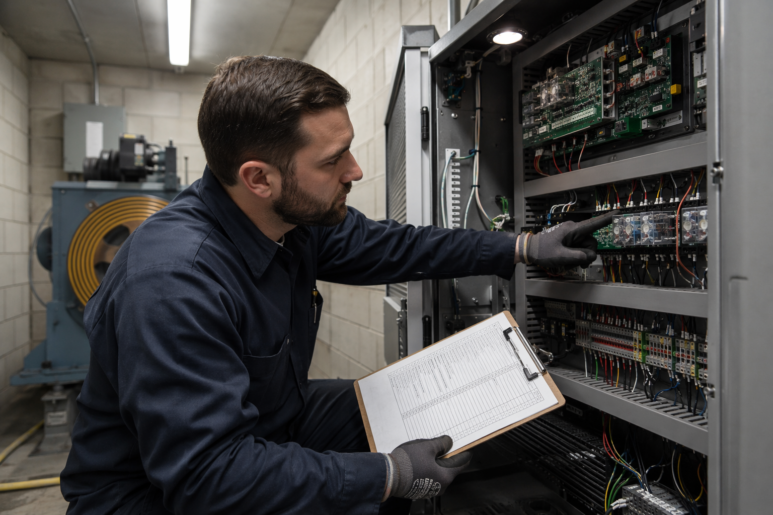Elevator technician reviewing service-level agreement and controller components in a Sarasota FL machine room during an elevator breakdown response visit.