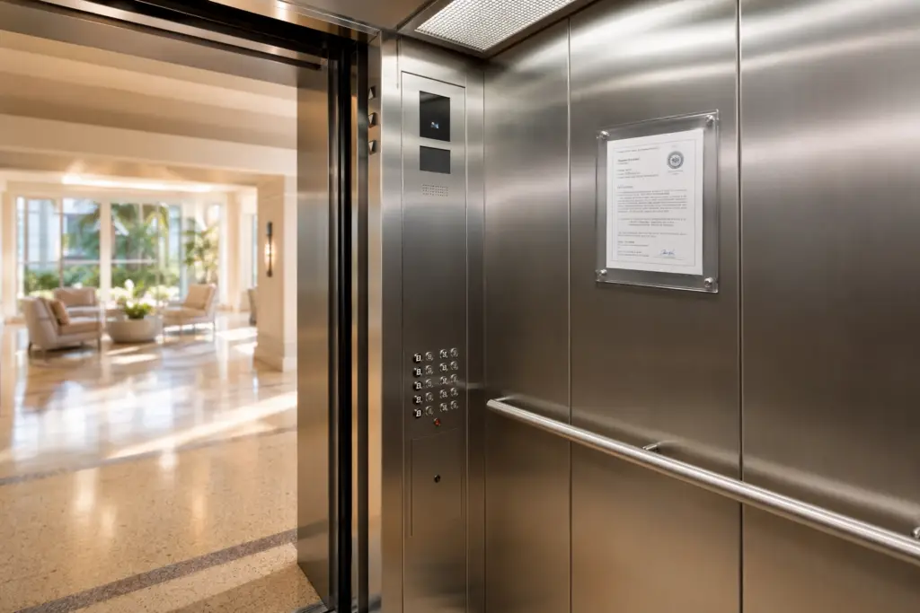 Elevator certificate of compliance posted inside a stainless-steel cab of a Florida condominium elevator, required by Florida Statute Chapter 399.