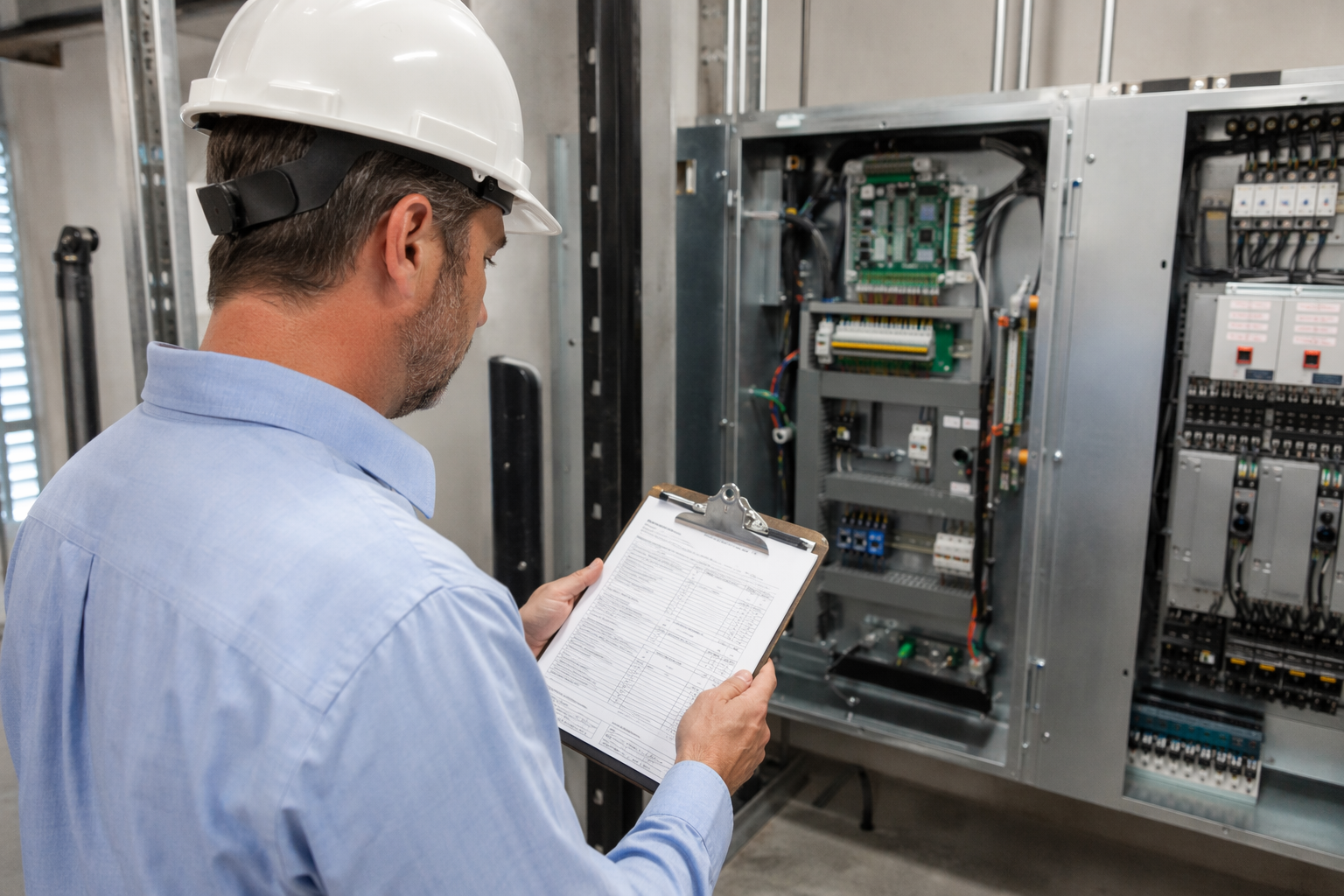 Licensed elevator inspector reviewing inspection documentation in a Florida elevator machine room, a required step before issuing a certificate of compliance.
