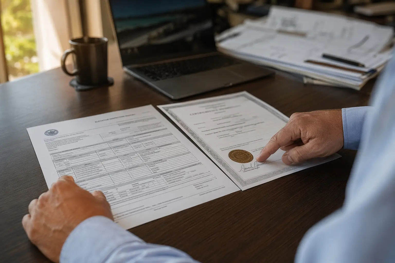 Property manager in Sarasota FL comparing elevator inspection report to certificate of compliance documents, understanding the difference between the two.