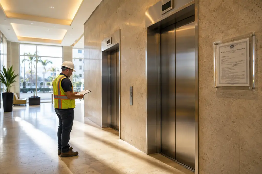 Licensed elevator inspector reviewing Florida elevator code update requirements documentation next to a Certificate of Operation mounted in a Pompano Beach commercial building lobby.
