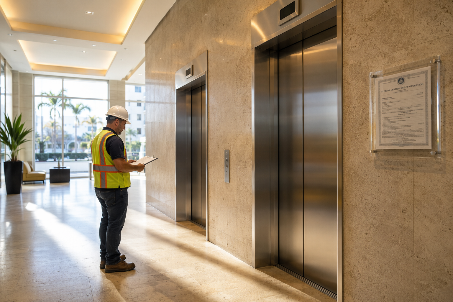 Florida Elevator Code Compliance Inspection Licensed elevator inspector reviewing Florida elevator code update requirements documentation next to a Certificate of Operation mounted in a Pompano Beach commercial building lobby.