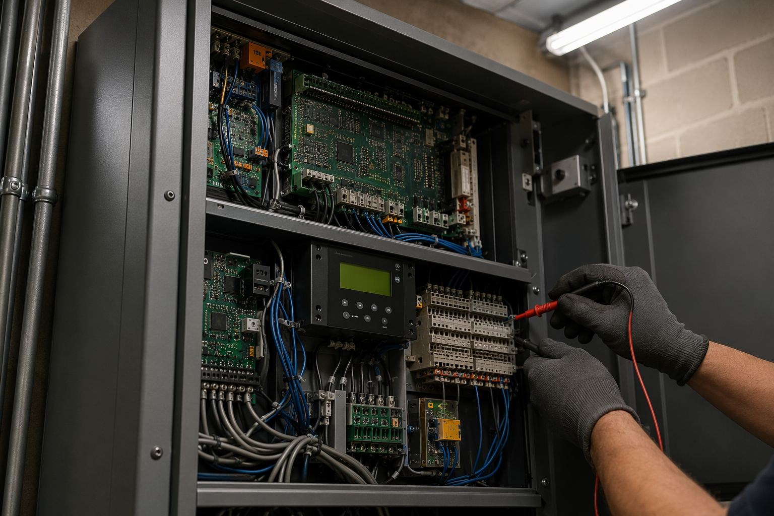 Elevator Controller Category Testing Elevator technician testing a modern controller cabinet in a Florida machine room during an ASME A17.1 Category 5 load test compliance check.