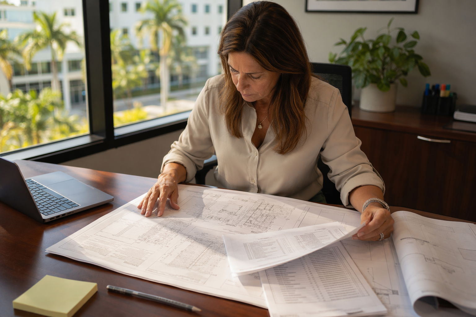 Building Manager Reviewing Elevator Modernization Permits Property manager reviewing elevator modernization permit drawings and Florida DBPR elevator code update compliance checklist at a Pompano Beach office desk.