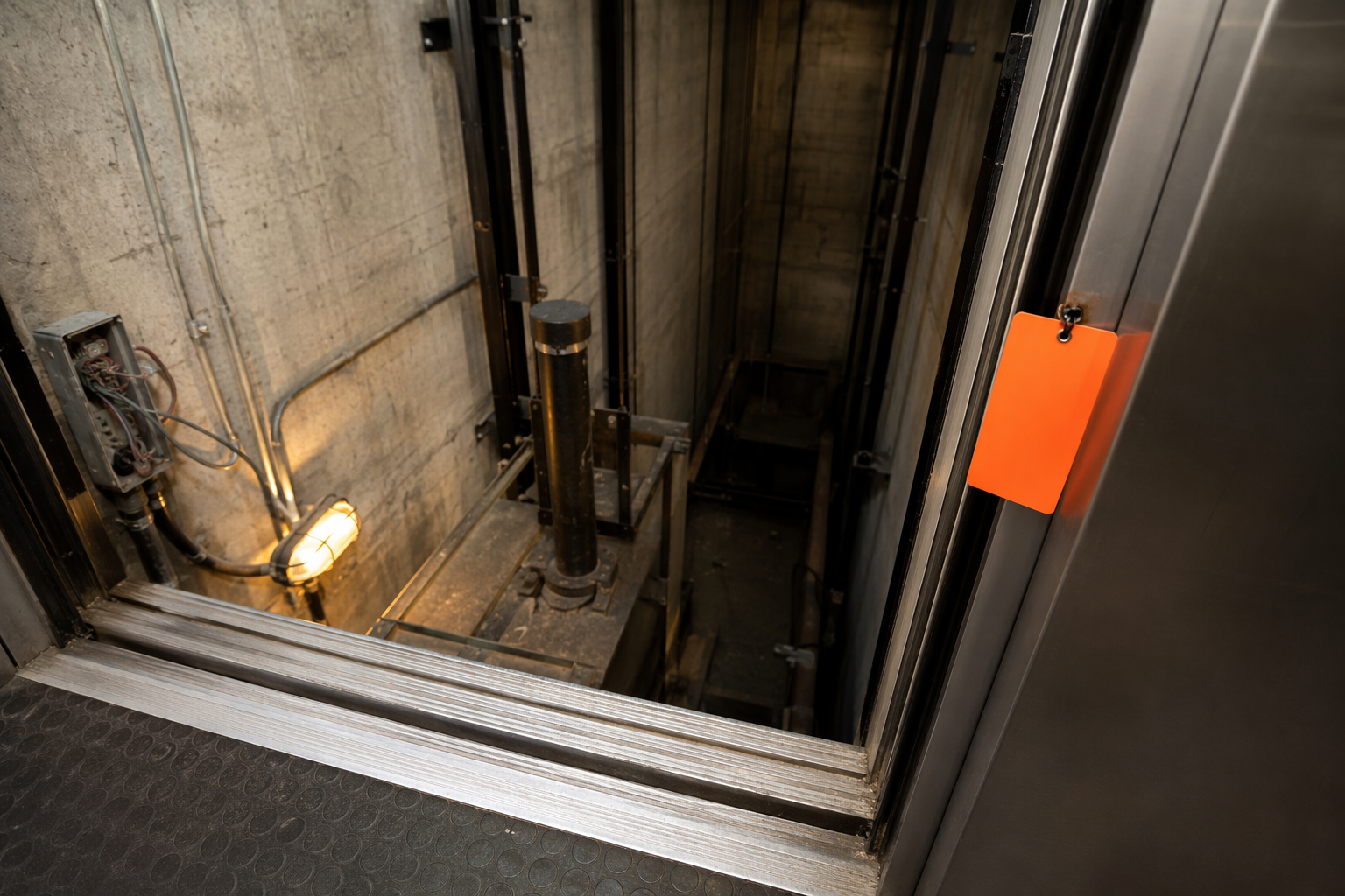 Orange out-of-service enforcement placard on a commercial elevator cab door in a Florida office building, illustrating elevator code violation penalties and shutdown orders.