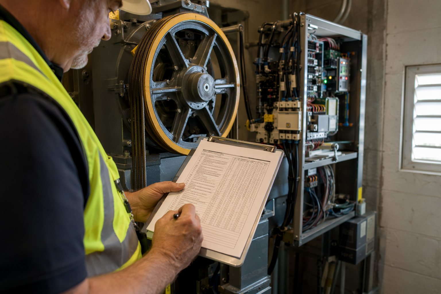 Licensed elevator inspector reviewing a compliance checklist in a Florida traction elevator machine room, part of the elevator code violation inspection and documentation process.