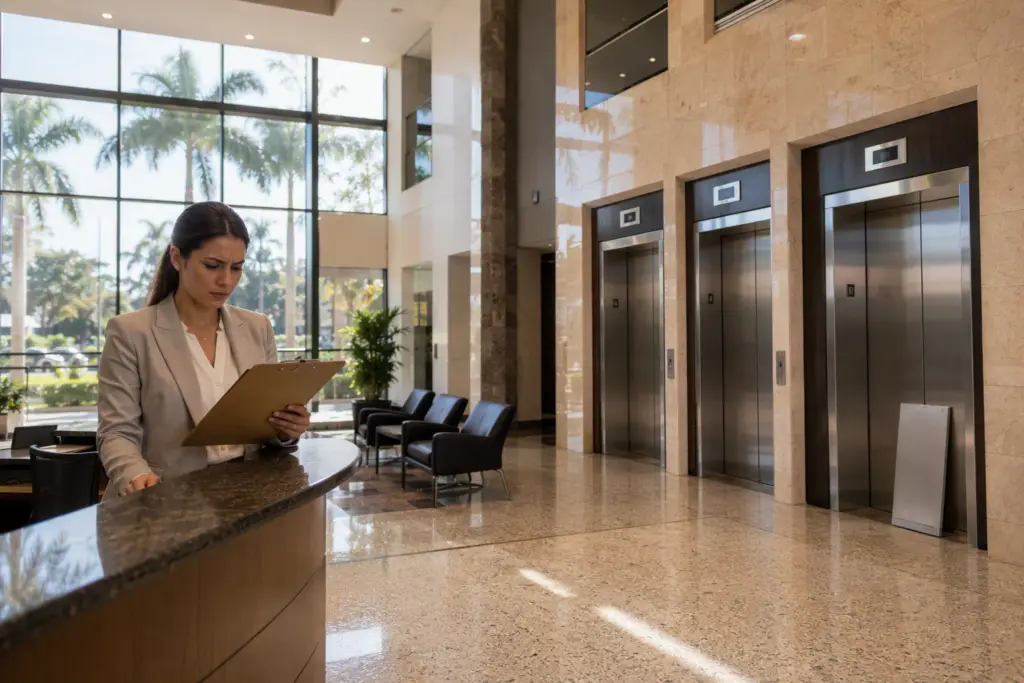 Pompano Beach FL building lobby with an out-of-service elevator, illustrating the real elevator downtime cost statistics property managers face in Broward County