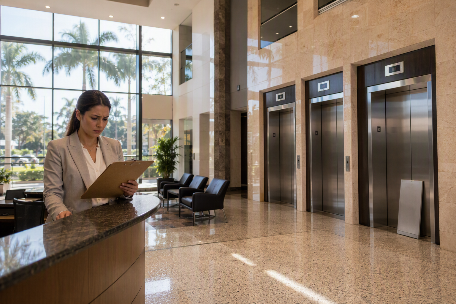 Elevator Downtime Impact — Pompano Beach Lobby Pompano Beach FL building lobby with an out-of-service elevator, illustrating the real elevator downtime cost statistics property managers face in Broward County