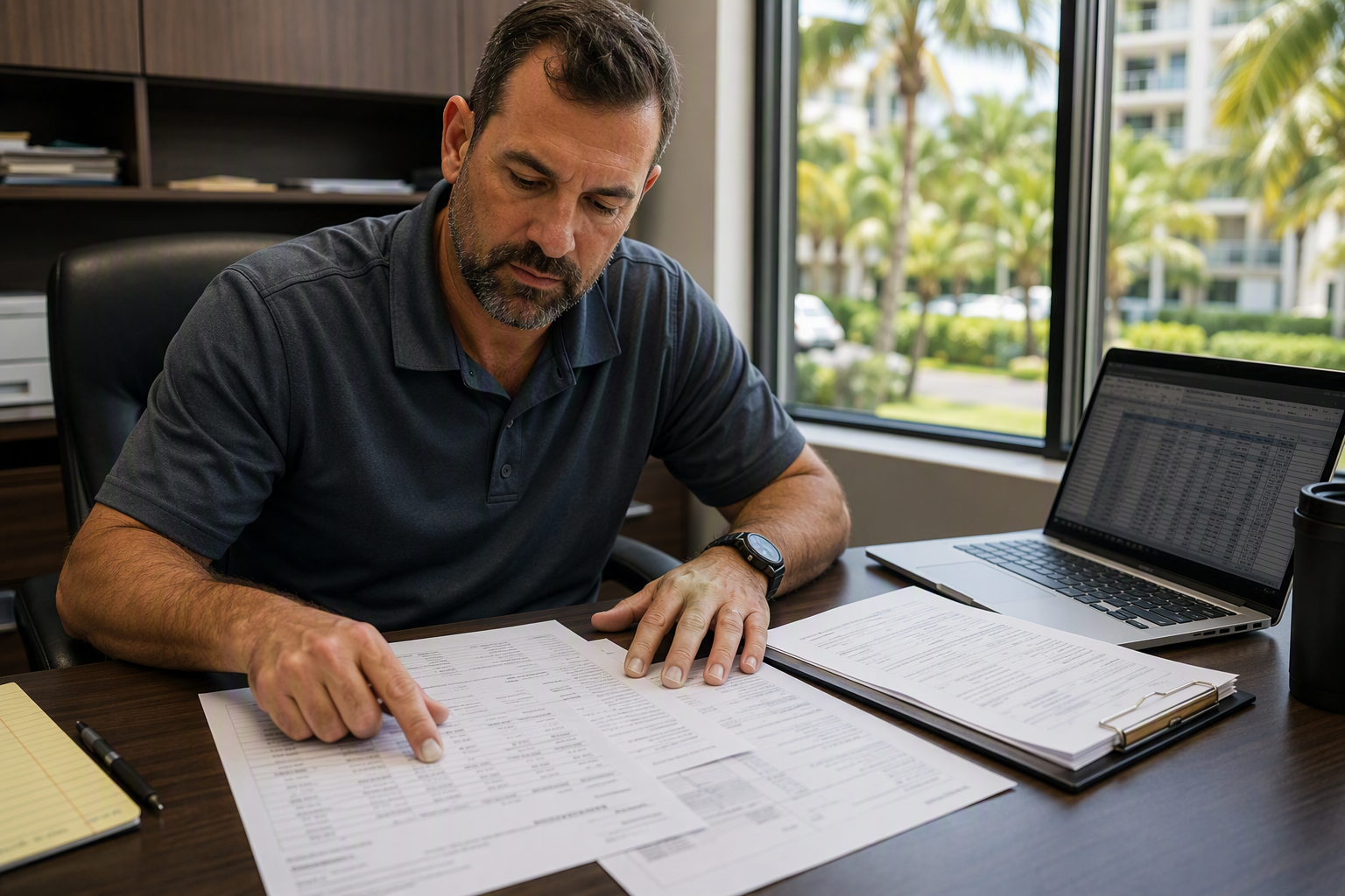 Calculating Elevator Downtime Costs — Property Office Property manager in Pompano Beach FL reviewing elevator repair invoices and maintenance contracts, calculating elevator downtime costs and financial exposure