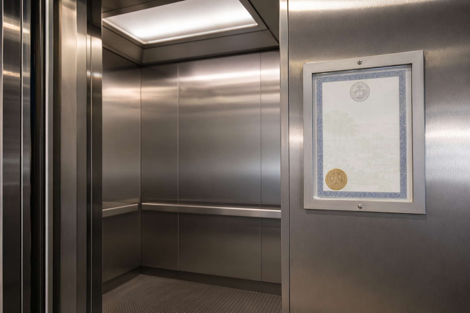 Florida Elevator Inspection Certificate — Code Compliance Florida elevator inspection certificate displayed inside a compliant elevator cab, representing DBPR and ASME A17.1 code requirements for Pompano Beach FL buildings