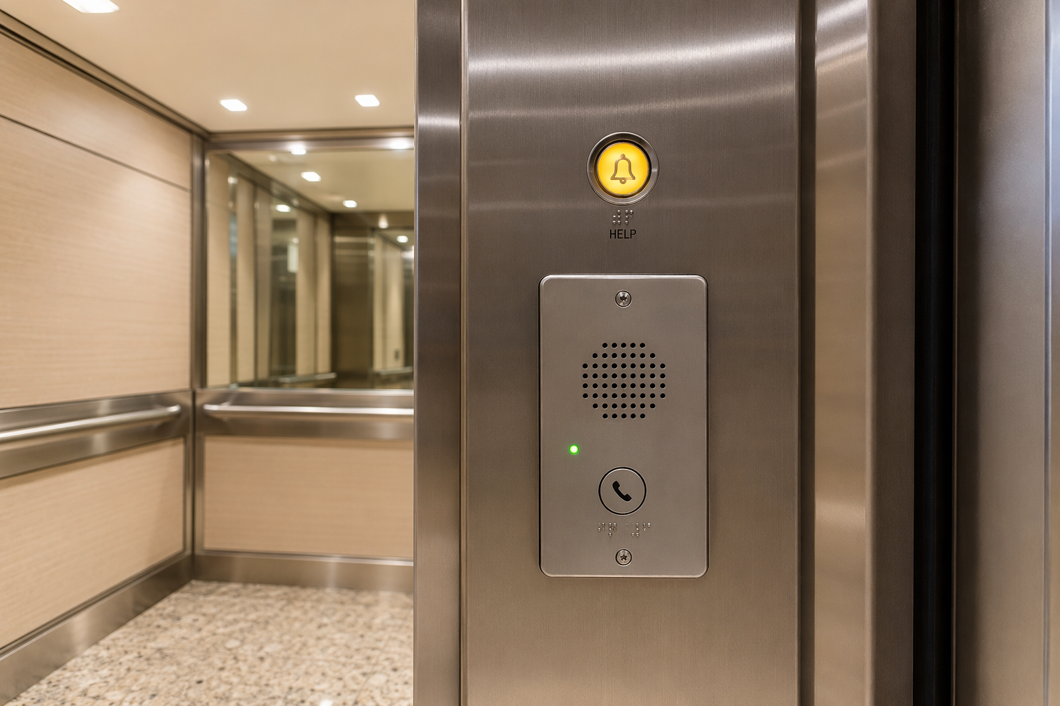 Elevator emergency phone button and hands-free communication unit on a stainless-steel control panel inside a commercial elevator cab in Florida, required by ASME A17.1.
