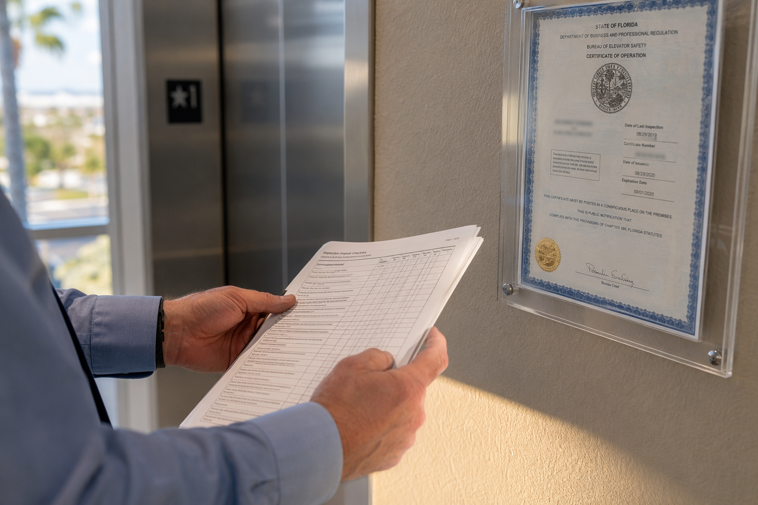 Building manager reviewing elevator emergency phone compliance documentation and DBPR inspection certificate in a Pompano Beach Florida commercial property corridor.