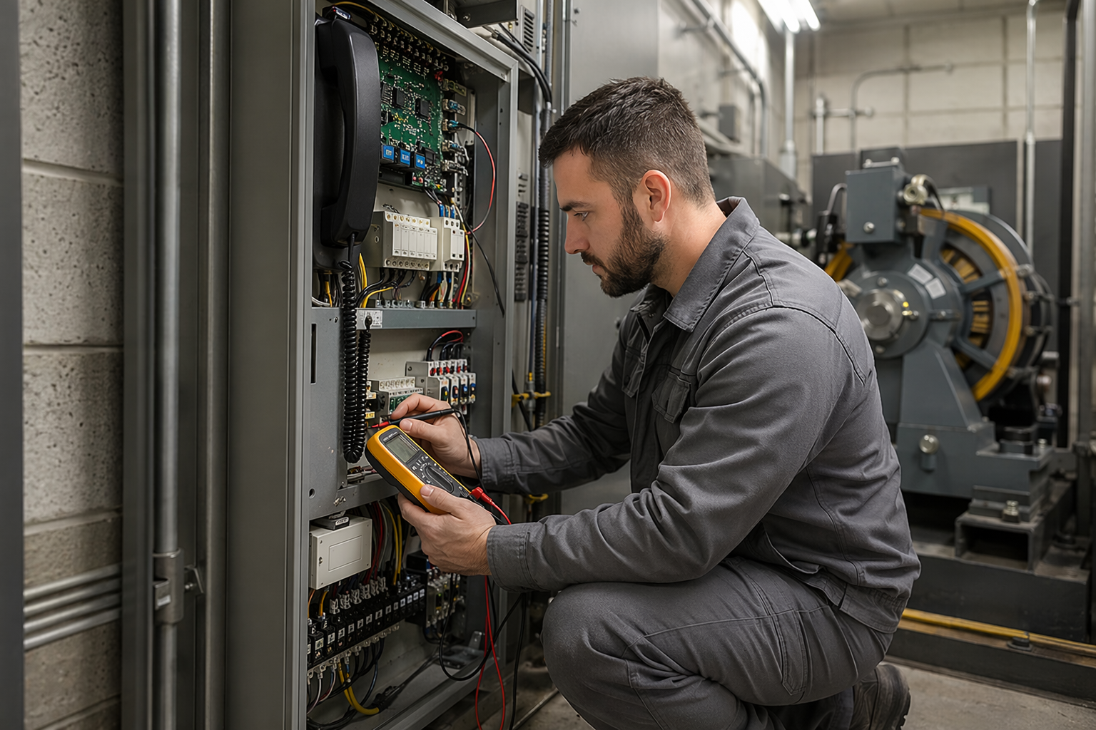 Elevator technician testing emergency phone backup power circuit inside a Florida elevator machine room controller cabinet during a compliance service visit.