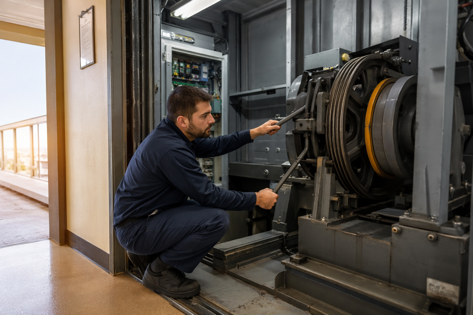 Licensed elevator technician performing an elevator entrapment rescue procedure using a hand-winding brake release in a Florida commercial building machine room.