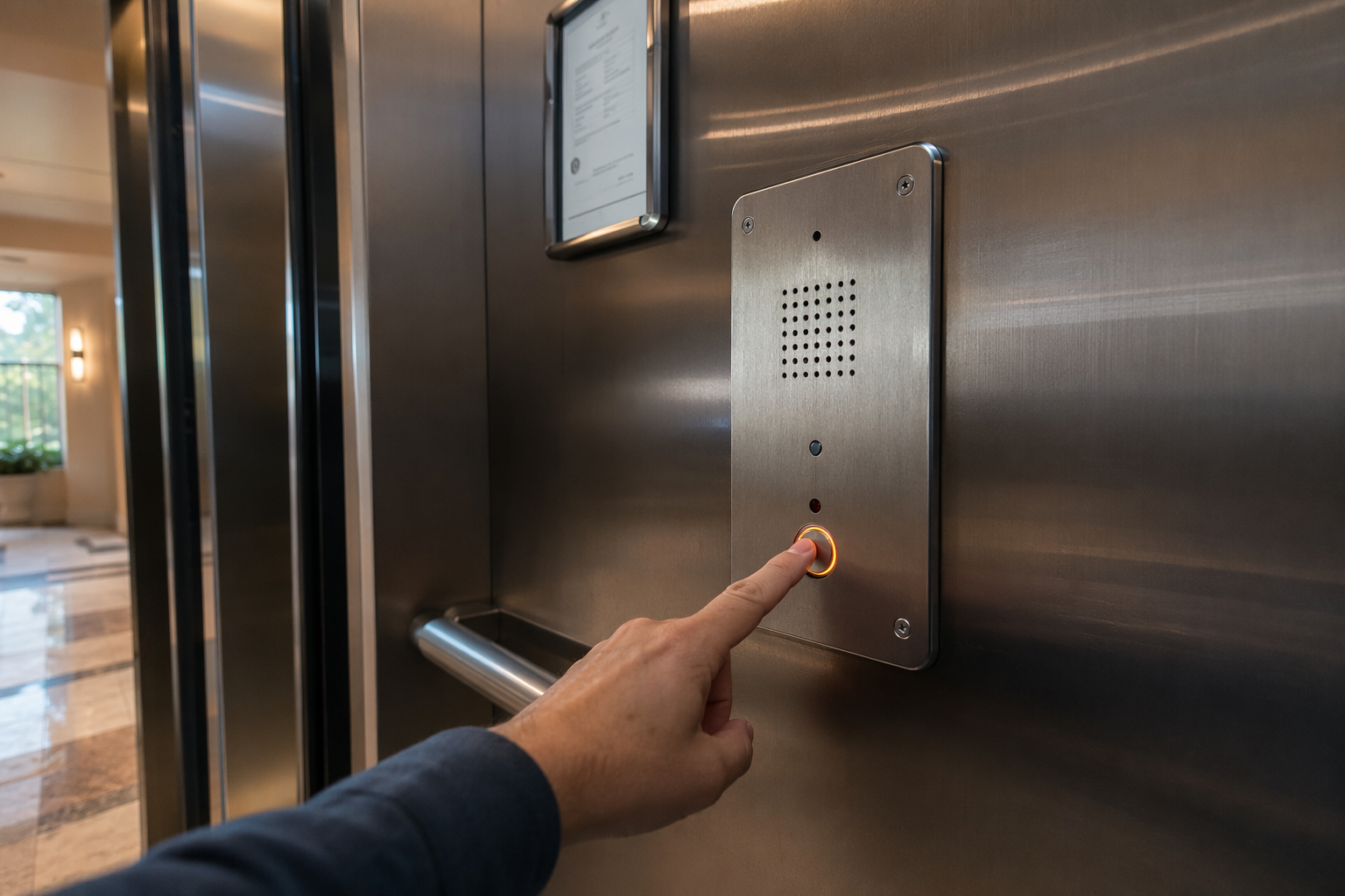 Elevator passenger pressing the two-way emergency communication help button inside a Florida elevator cab during an entrapment, following correct safety procedure.