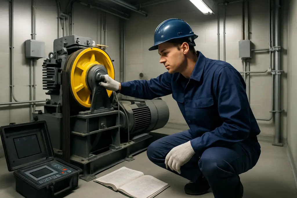 Certified elevator technician inspecting elevator mechanical room equipment in 2025 — illustrating key elevator industry statistics on maintenance and safety compliance