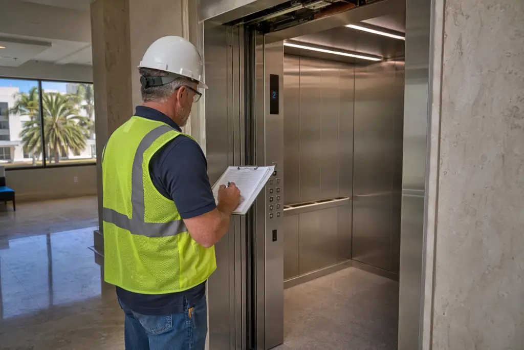 Licensed elevator inspector reviewing a printed elevator inspection checklist at the cab threshold of a Florida commercial office building elevator
