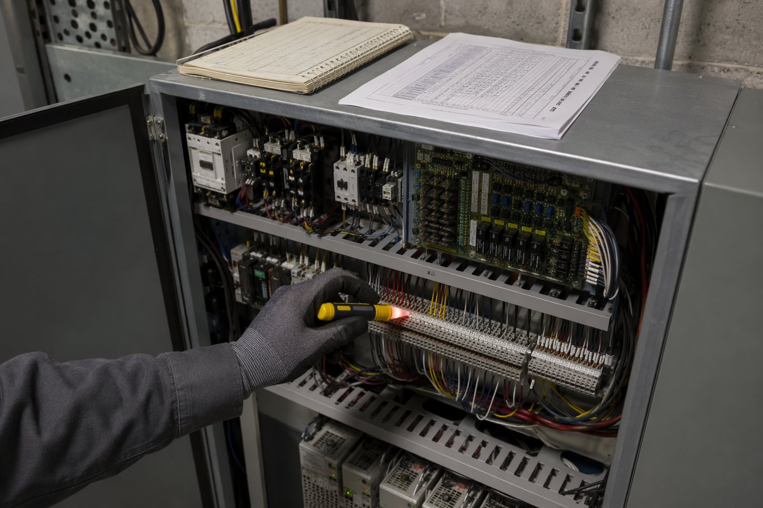 Elevator technician inspecting the electrical control panel in a traction elevator machine room as part of a detailed elevator inspection checklist