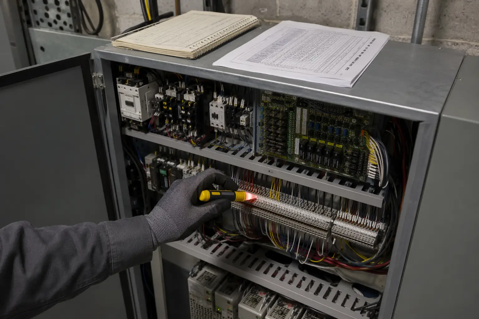 Elevator technician inspecting the electrical control panel in a traction elevator machine room as part of a detailed elevator inspection checklist
