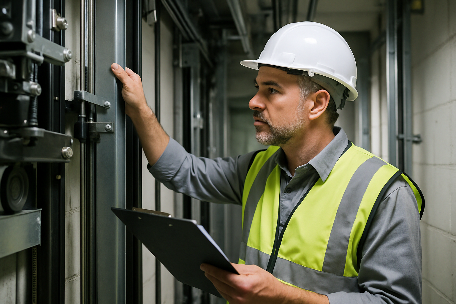 Certified elevator inspector reviewing mechanical components inside a commercial elevator shaft during a state-mandated annual inspection, clipboard in hand.