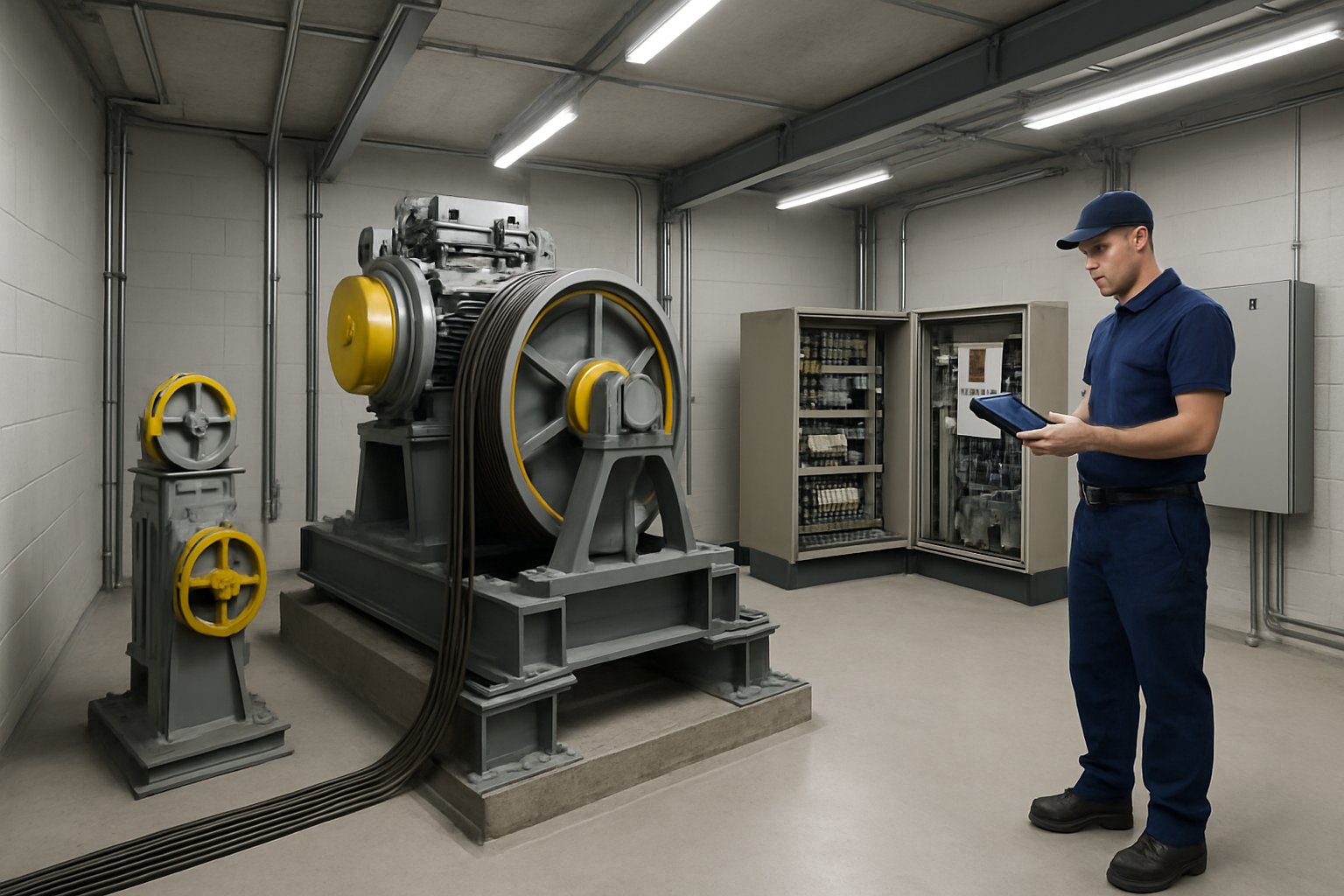 Commercial elevator machine room showing traction drive and control panel components inspected annually across 46 U.S. states per national elevator inspection requirements.