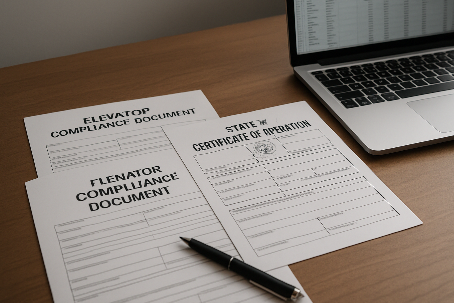 Elevator inspection certificates and compliance records on a desk representing state-by-state elevator inspection requirements and certificate renewal timelines for building owners.