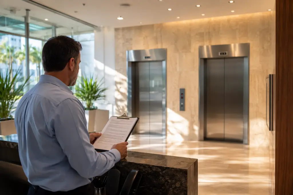 Building manager reviewing elevator maintenance contract pricing documents in a Pompano Beach FL commercial office lobby with stainless-steel elevator doors in background
