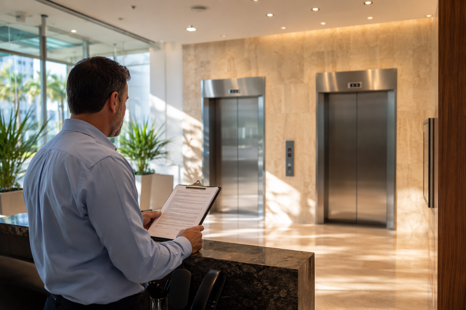 Building manager reviewing elevator maintenance contract pricing documents in a Pompano Beach FL commercial office lobby with stainless-steel elevator doors in background