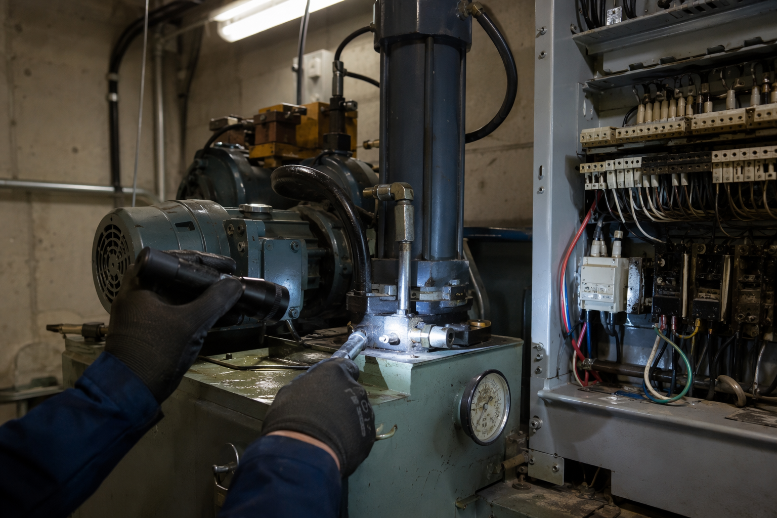 Elevator technician inspecting hydraulic pump and controller unit inside a Florida commercial elevator machine room during a preventive maintenance visit