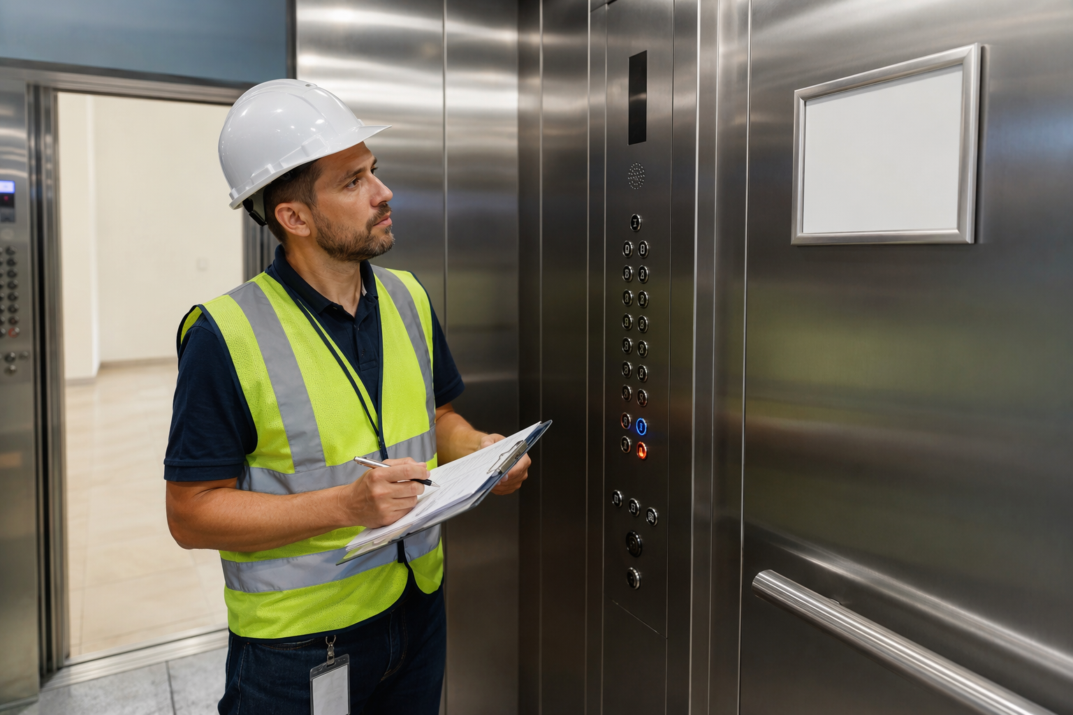 Florida Elevator Compliance Inspection Inside Cab Licensed elevator inspector reviewing ASME and Florida DBPR compliance checklist inside a commercial elevator cab in a Pompano Beach high-rise building