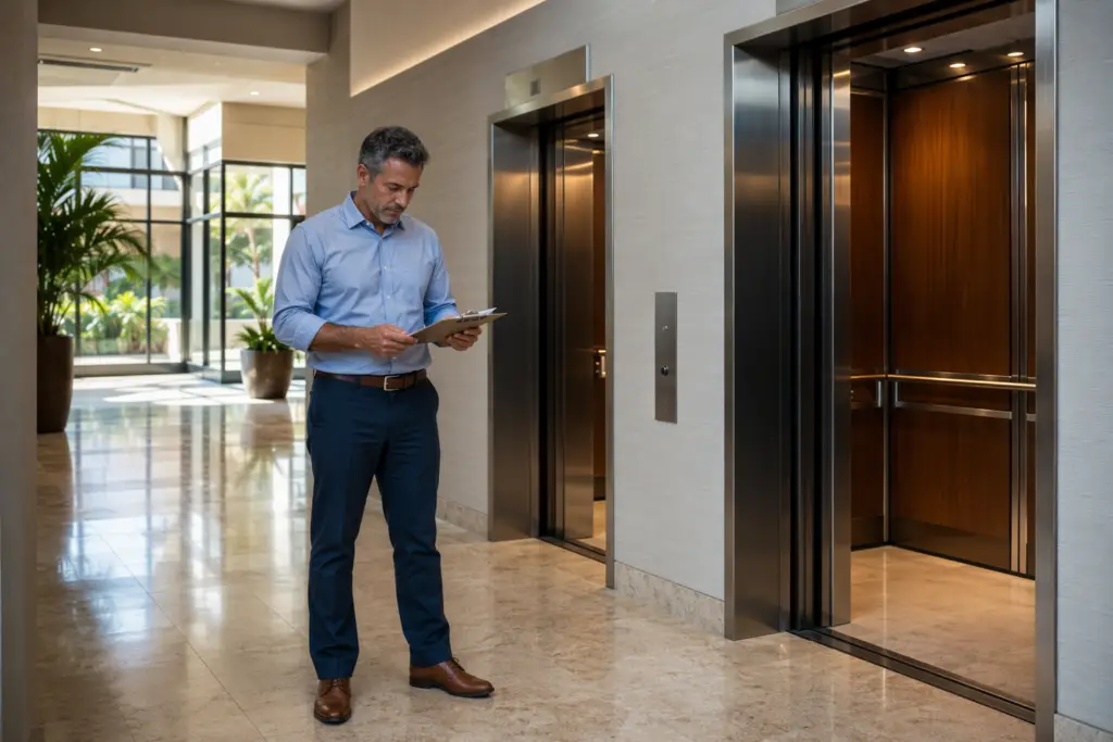 Building manager reviewing elevator maintenance ROI documents in a modern South Florida commercial lobby with stainless elevator doors open behind her