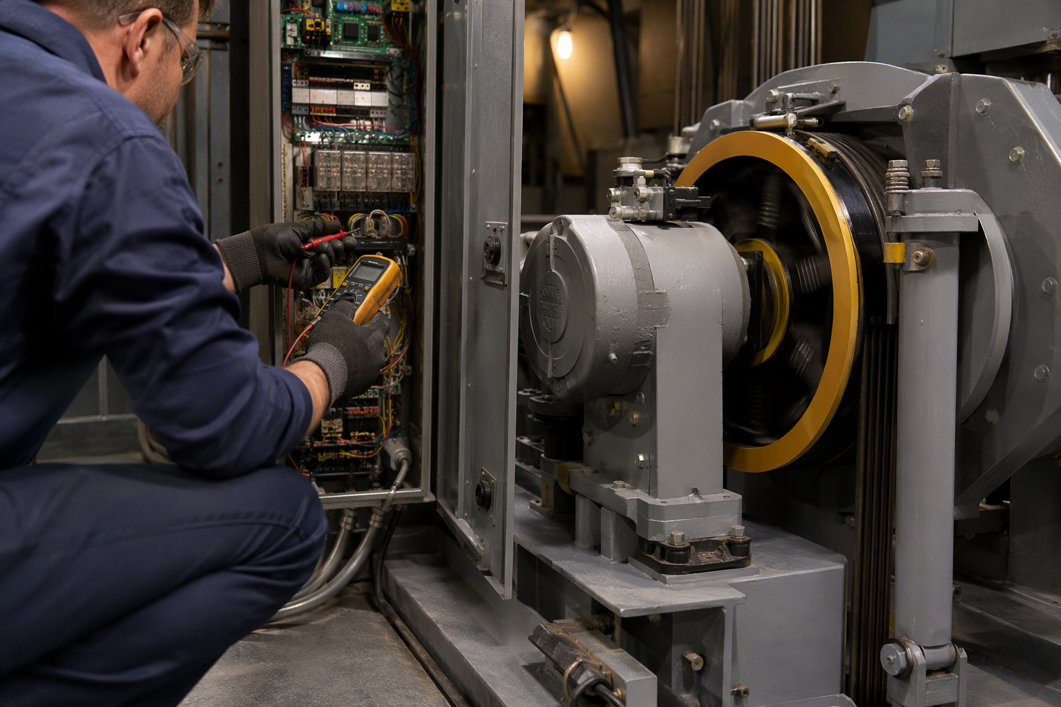 Preventive Maintenance Inspection Detail Elevator technician using a diagnostic multimeter on a traction motor controller inside a Florida commercial building machine room during a preventive maintenance visit
