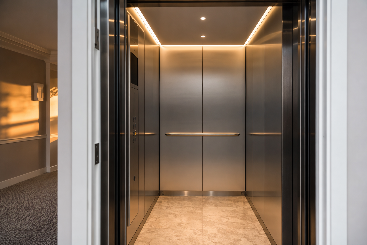 Modernized Cab — Long-Term Maintenance ROI Modernized elevator cab interior with LED lighting and brushed-nickel panels in a Sarasota Florida mid-rise residential building showing the long-term value of maintenance investment