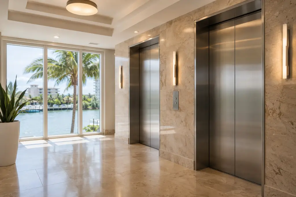 Modernized elevator lobby in a Pompano Beach FL mid-rise residential building showing new stainless-steel doors, LED hall lanterns, and updated fixtures — elevator modernization cost breakdown