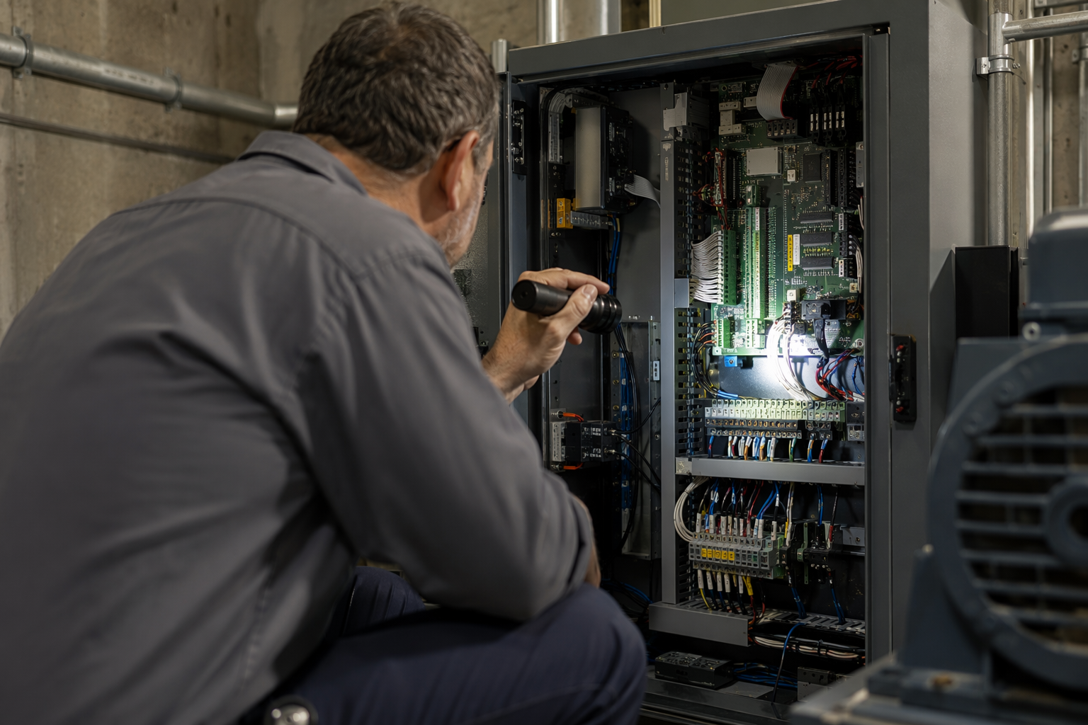Elevator technician inspecting a solid-state controller cabinet during a modernization project — a key cost component in an elevator modernization cost breakdown